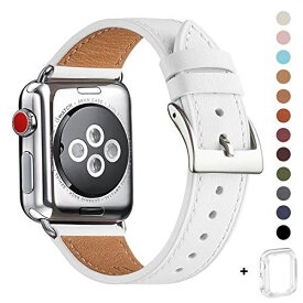 WFEAGL コンパチブル Apple Watch バンド，は本革レザーを使い、iWatch Series 6/SE/ 5/4/3/2/1、Sport、Edition向けのバンド交換ストラップです コンパチブル アップルウォッチ バンド (38mm 40mm， ホワイト バンド+シルバー 四角い バックル)