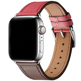 WFEAGL コンパチブル Apple Watch バンド，は本革レザーを使い、iWatch Series 6/SE/ 5/4/3/2/1、Sport、Edition向けのバンド交換ストラップです コンパチブル アップルウォッチ バンド (38mm 40mm， ワインレッド/ピンク バンド+シルバー 四角い バックル)