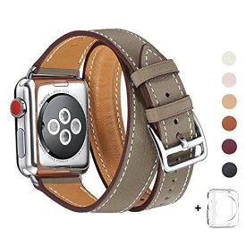 コンパチブル Apple Watch バンド， は本革を使い， iwatch series 6/SE/ 5/4/3/2/1 レザー製，Sport/Edition向けのバンド交換ストラップです コンパチブル アップルウォッチ バンド (38mm 40mm， 二重巻き型 キャメルブラウン+シルバー アダプター)