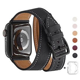 コンパチブル Apple Watch バンド， は本革を使い， iwatch series 6/SE/ 5/4/3/2/1 レザー製，Sport/Edition向けのバンド交換ストラップです コンパチブル アップルウォッチ バンド (38mm 40mm， 二重巻き型 ブラック バンド+黒 アダプター)