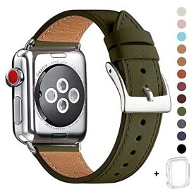 WFEAGL コンパチブル Apple Watch バンド，は本革レザーを使い、iWatch Series 6/SE/ 5/4/3/2/1、Sport、Edition向けのバンド交換ストラップです コンパチブル アップルウォッチ バンド (42mm 44mm， アーミーグリーン+シルバー 四角い バックル)