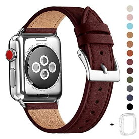 WFEAGL コンパチブル Apple Watch バンド，は本革レザーを使い、iWatch Series 6/SE/ 5/4/3/2/1、Sport、Edition向けのバンド交換ストラップです コンパチブル アップルウォッチ バンド (42mm 44mm， ワインレッド バンド+シルバー 四角い バックル)