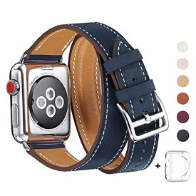 コンパチブル Apple Watch バンド， は本革を使い， iwatch series 6/SE/ 5/4/3/2/1 レザー製，Sport/Edition向けのバンド交換ストラップです コンパチブル アップルウォッチ バンド (42mm 44mm， 二重巻き型 ダークブルー バンド+シルバー アダプター)