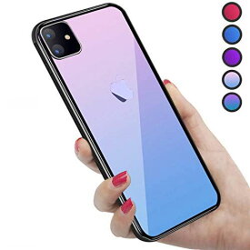 iPhone 11 ケース 強化ガラス 9H硬度加工 ガラスケース 薄型 6.1インチ 全透明グラデーション TPUバンパー 滑り止め 全面保護 ストラップホール付き 指紋防止 耐衝撃 ピンク