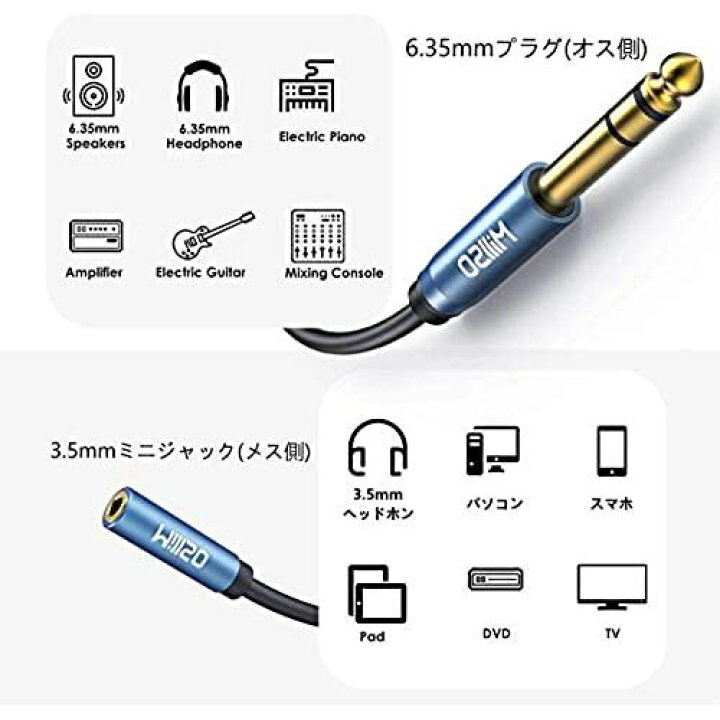 ステレオ オーディオ変換プラグ 2本 アダプター3.5mm → 6.35mm