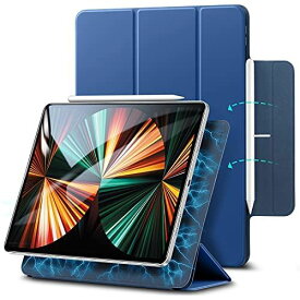 ESR iPad Pro 12.9 ケース 2021対応 磁気吸着 Apple Pencilのペアリングと充電に対応 オートスリープ ウェイク スリム 軽量 シルク手触り 高級感 三つ折りスタンド リバウンドマグネティックスマートケース(ネイビーブルー)