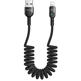 Mcdodo USBケーブル カールコード ナイロン編み LEDライト付き1.8mケーブル iPhone/iPad/iPod 対応 (1.8m, IOS 対応，ブラック)