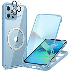 HAUTRKBG iPhone 13 ケース クリア 両面強化ガラス 360°全面保護 [MagSafe対応] [カメラフイルムを贈] [100％画面感度] マグセーフ ワイヤレス充電対応 米軍MIL規格取得 耐衝撃 ... ライトブルー