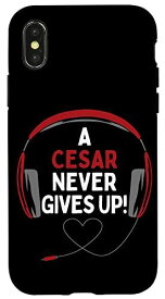 iPhone X/XS ゲーム用引用句「A Cesar Never Gives Up」ヘッドセット パーソナライズ スマホケース