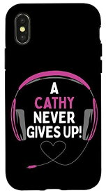 iPhone X/XS ゲーム用引用句「A Cathy Never Gives Up」ヘッドセット パーソナライズ スマホケース