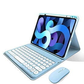 マウス付き iPad 10 キーボードケース 丸型キー Apple Pencil 収納可能 可愛い マグネット式 iPad 第10世代 2022 キーボード カバー ワイヤレス Bluetooth マウス ブルー