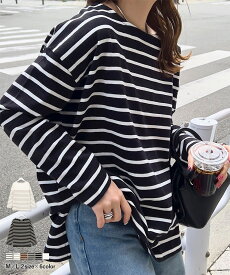 選べるデザイン コットン100％ゆったりボーダーチュニックカットソー [C3864] レディース 20代 30代 40代 トップス 長袖 ゆったり 体型カバー ボーダー 綿 コットン チュニック クルーネック 綿100％ コットン100％【送料無料】【メール便】