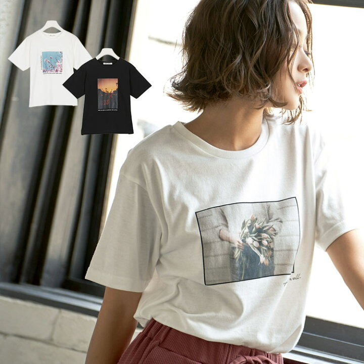 楽天市場 3柄から選べる フォトプリントtシャツ C3877 カットソー 半袖 丸首 白 黒 夏 大人 写真 花 青空 夕暮れ ゆったり トップス ｔシャツ カジュアル おしゃれ 大人かわいい クルーネック プリント プリントtシャツ ティーシャツ ティシャツ 神戸レタス Kobe