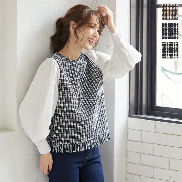 楽天市場 ツイードドッキングブラウス C5725 レディース トップス 長袖 大人可愛い きれいめ オシャレ シック 黒 秋冬 上品 シンプル 着回し ラウンドネック 総柄 柄物 30代 40代 50代 送料無料 メール便 神戸レタス Kobe Lettuce