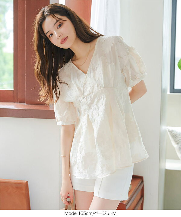 楽天市場】Vネック フラワージャガード シアーブラウス レディース  