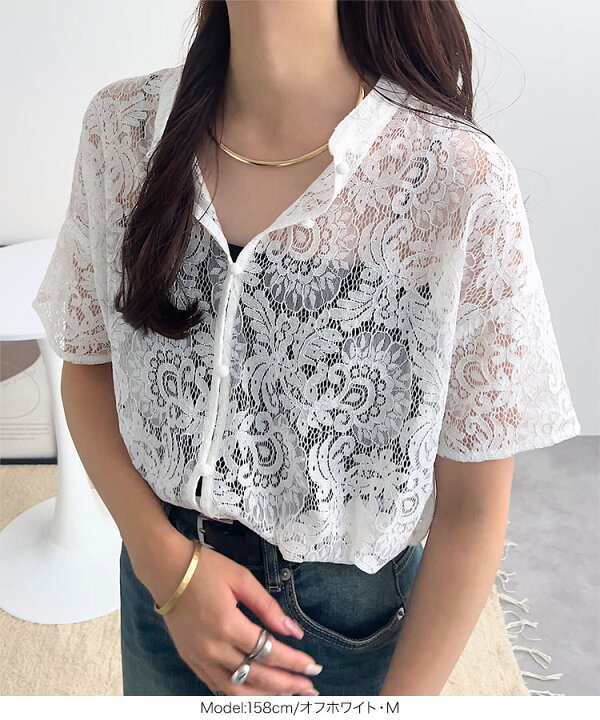 楽天市場】バンドカラー 花柄 シアー レースブラウス レディース  