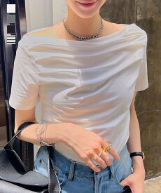 ≪ 特別セール ≫Tシャツ レディース 半袖 夏 タック オフショルダー オフショル [C7591] 20代 30代 40代 トップス ドレープ ギャザー 体型カバー ホワイト グレー ブラック ボーダー 白 黒 ショートスリーブ 上品 エレガント 大人 綿 綿95% ストレッチ 伸縮性 体型カバー