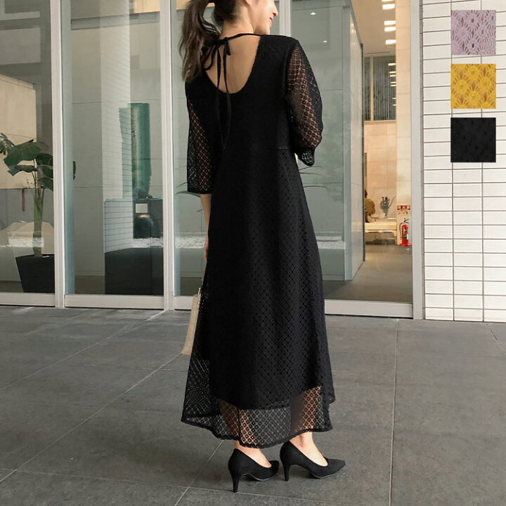 楽天市場 バックリボンレースワンピース E2211 レディース ロング シアー オケージョン パーティー ゆったり 膝下 五分袖 裏地付き ワンピース 秋 ロングワンピース ロング丈 きれいめ 総レース レース 透け感 リボン おしゃれ 黒 神戸レタス Kobe Lettuce
