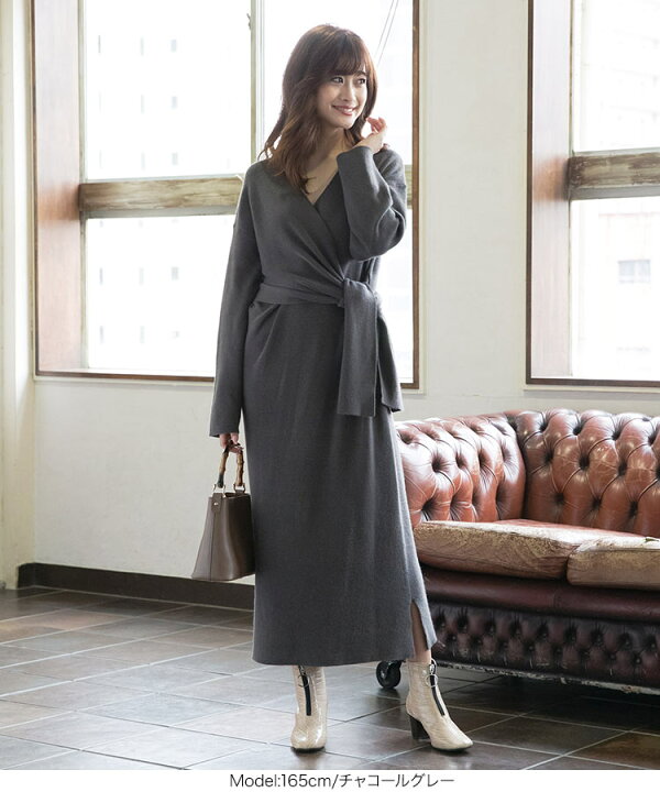 楽天市場 特別セール カシュクールニットワンピース E2267 レディース ニット ワンピ カシュクール ロングワンピ トレンド 黒 デート ニットワンピ ワンピース 神戸レタス Kobe Lettuce