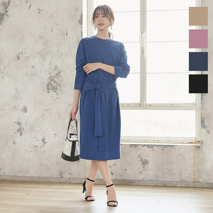 楽天市場 ウエストリボンカットソーロングワンピース E2397 レディース ブラウジング レイヤード リラックス 洗える 丸首 ワンピース 春 長袖 ロング ロングワンピース 長袖 カットソー きれいめ カジュアル 大人 ミモレ丈 ゆったり 無地 神戸レタス Kobe Lettuce