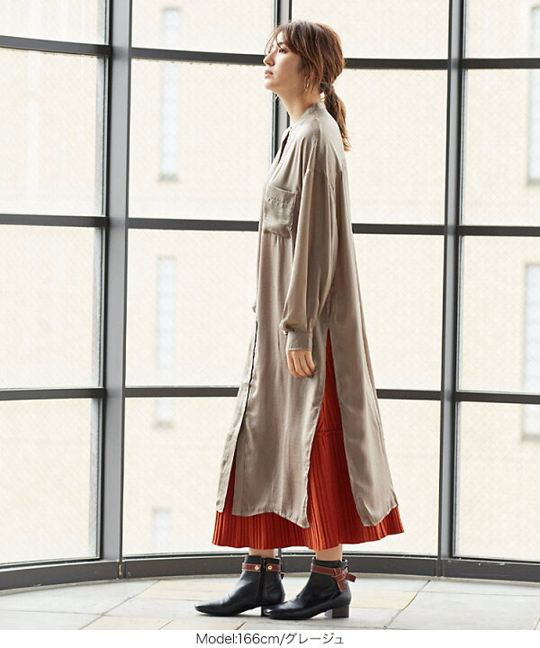 楽天市場 サテンバンドカラーサイドスリットシャツワンピース E2628 レディース ロング 長袖 きれいめ ゆったり 黒 秋冬 ワンピース 秋 冬 ロングワンピース シャツワンピース ロングシャツ バンドカラー スリット サテン おしゃれ 大人 送料無料 神戸レタス