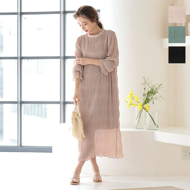 楽天市場 マジョリカプリーツワンピース E2743 レディース ロングワンピース 大人っぽい 春 上品 ロング丈 夏 春夏 ワンピース 長袖 おしゃれ きれいめ 大人可愛い ロング シアー プリーツ 薄手 裏地あり 体型カバー 黒 ベージュ ミント 30代 40代 50代 神戸レタス