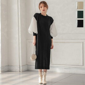 シャツスリーブニットワンピース [E2822] レディース ワンピ 異素材 ゆったり カジュアル デイリー 体型カバー 夏 ミモレ丈 上品 きれいめ 無地 重ね着 レイヤード