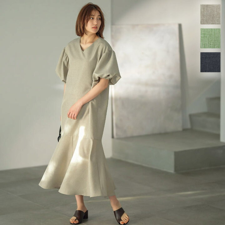 楽天市場 マーメイドラインワンピース 036 レディース ワンピ Vネック ぽわん袖 フェミニン 大人 体型カバー バルーンスリーブ マーメード 大人 きれいめ リネン風 デイリー ゆったり 七分袖 春 夏 上品 万能 大人カジュアル 大人可愛い 神戸レタス Kobe Lettuce