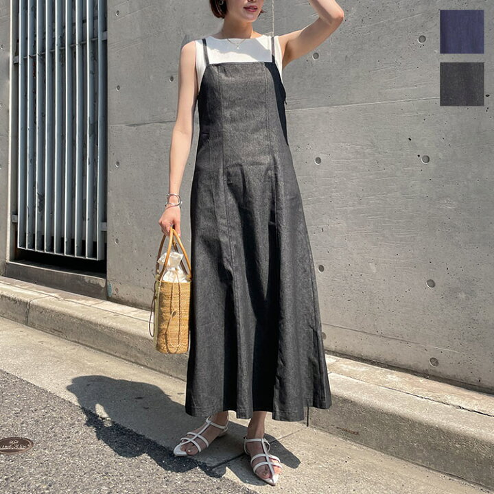 楽天市場 デニムキャミワンピース 107 レディース インディゴ ブラック レイヤード 重ね着 着回し シーズンレス カジュアル ワンピース きれいめ 体型カバー デイリー リラックス おでかけ ロングワンピース フレアワンピース 神戸レタス Kobe Lettuce