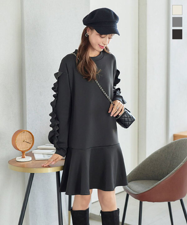 楽天市場】 袖フリル ペプラム ワンピ レディース ワンピース 長袖  