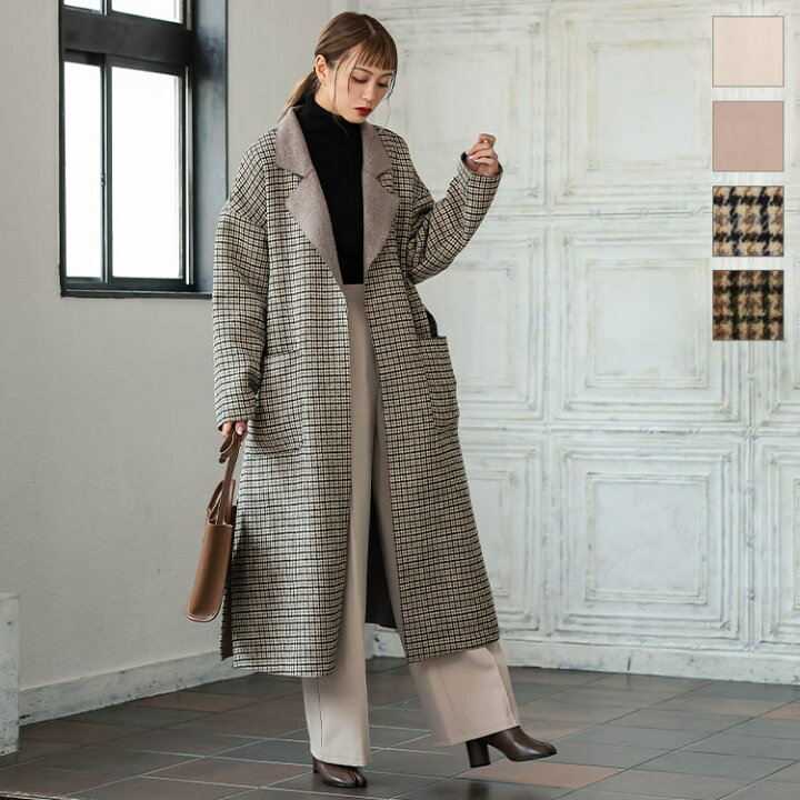 レディース ベルト付チェックロングコート 10@
