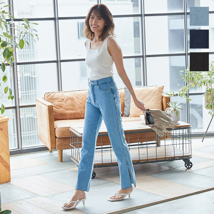 楽天市場 選べる2サイズ裾スリット入りストレートデニムパンツ M2984 レディース ジーンズ 綿100 コットン100 デザインデニム デニム デニムパンツ ストレートデニム ハイウエスト 神戸レタス Kobe Lettuce