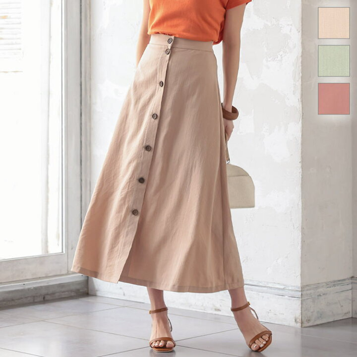 楽天市場 ウッドボタンバックゴムフレアスカート M3272 レディース ボトムス ロング 大人 上品 きれいめ 春夏 スカート 春 夏 ロングスカート 春 夏 カジュアル ベージュ フレアスカート ミモレ丈 ウエストゴム 裏地あり 薄手 神戸レタス Kobe Lettuce