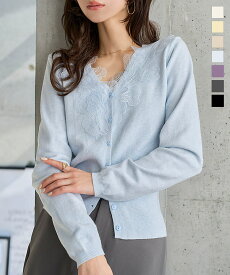 ≪ マラソン★300円OFFクーポン ≫ ニット カーディガン 襟レース ニットカーディガン [N1277] レディース 20代 30代 40代 ニットカーデ ニットトップス レーストップス ドッキング Vネック 華やか 上品 きれいめ ホワイト アイボリー イエロー 【送料無料】