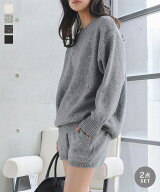 ニット セットアップ ショートパンツ [N1340] レディース クルーネック ニットアップ 2点セット 長袖トッ…