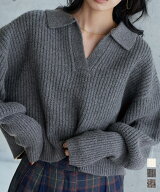 ニット クロップド トップス Vネック [N1381] レディース 20代 30代 40代 50代 秋 冬 長袖 リブ ポロニッ…