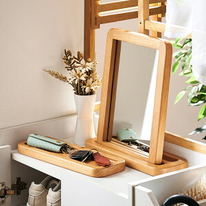 【鏡の角度2段階】ミラーと小物置き Curacion(クラシオン) 2色対応 鏡 卓上 木製フレーム ドレッサー インテリア メイク鏡 化粧鏡 スタンドミラー ナチュラル アクセサリー置き 小物置き