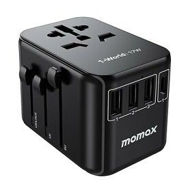 MOMAX 変換プラグ 17W 海外変換プラグ 海外旅行用電源変換プラグ 全世界対応 旅行プラグアダプター 5台同時充電 1*USB-C& 3*USB-A&1*ACコンセント 単ポート15W出力 海外用コンセント 海外電源変換アダプタ C/BF/O/Aタイプ マルチ変換プラグ