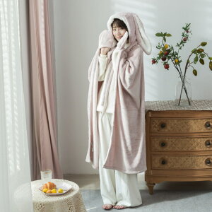 着る毛布 かわいい 楽天 うさ耳 ウサギ 膝掛け ひざ掛け 毛布 ブランケット フード付き ボタン付き 前開き ふわふわ もこもこ ランネル生地 暖かい 厚手 洗える 動物 テレワーク お昼寝 ルー