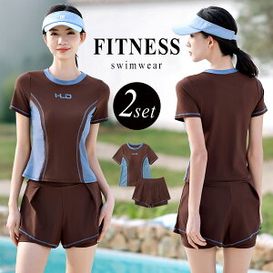 フィットネス 水着 レディース セパレート 大きいサイズ 体型カバー 半袖 2点セット 水陸両用 紫外線対策 プルオーバー クルーネック ロゴ ライン バイカラー パンツ ノンワイヤー バスト 盛