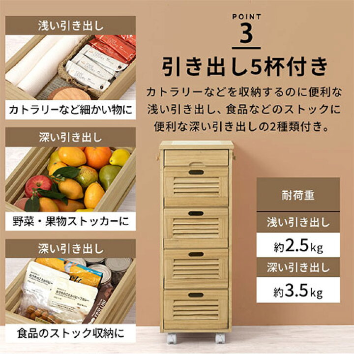 楽天市場】キッチン ワゴン キャスター付き チェスト 引き出し 