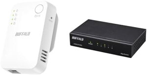 【200円引クーポン付】2点セット バッファロー WiFi 無線LAN 中継機 Wi-Fi 5 11ac 866 + 300 Mbps WEX-1166DHPL/N + 5ポート スイッチングハブ Giga 金属筐体 簡易パッケージ 壁掛け設置対応 LSW6-GT-5ESL/NBK