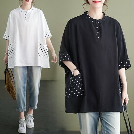 チュニック ドット 夏 ロングシャツ ブラウス トップス チェック Tシャツ カットソー レディース シャツ 半袖 スウェット 切り替え 大人可愛い ミドル ドロップショルダーシャツ 洗える 春 秋 オフィス 上品 体型カバー 大きいサイズ カットソー 通勤 OL オーバーサイズ