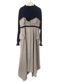 sacai サカイ 22AW Wool Knit x Chalk Stripe Dress ニットドッキングドレスワンピース ネイビー×ベージュ系 サイズ:3 レディース【中古】