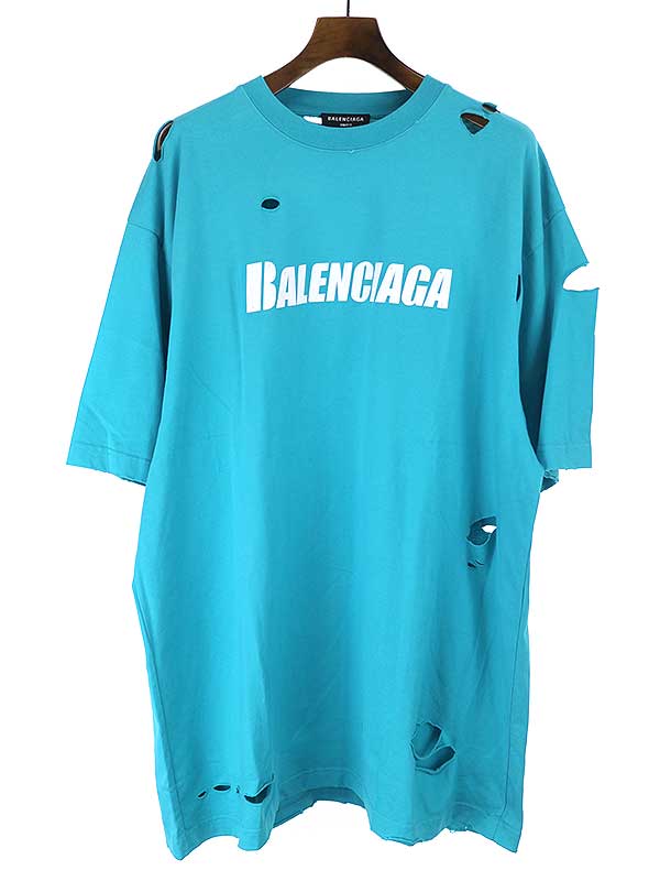 BALENCIAGA バレンシアガ 21SS デストロイダメージオーバーサイズロゴTシャツ ブルー サイズ:S メンズ【中古】 | MODESCAPE  楽天市場店