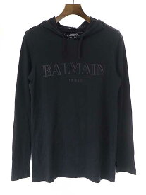 BALMAIN バルマン 18AW Logo print cotton jersey hoody ロゴプリントパーカー ブラック サイズ:XS メンズ【中古】