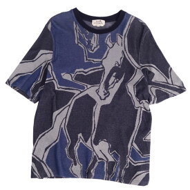 【極美品】エルメス HERMES Tシャツ カットソー 半袖 ショートスリーブ 21SS Dance of Horses Light 馬柄 鹿の子 トップス メンズ L ネイビー【中古】