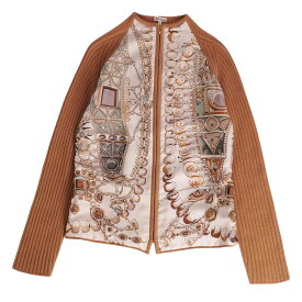 【美品】エルメス HERMES マルジェラ期 ニット カーディガン ジップアップ シルク カシミヤ 総柄 トップス レディース SM ブラウン【中古】