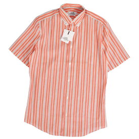 【新古品】エルメス HERMES シャツ ショートスリーブ 半袖 ストライプ リネン コットン トップス メンズ フランス製 39(15.5) オレンジ【中古】