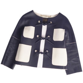 【美品】ルイヴィトン LOUIS VUITTON ジャケット レザージャケット ノーカラー アウター レディース フランス製 34(S相当) ネイビー【中古】